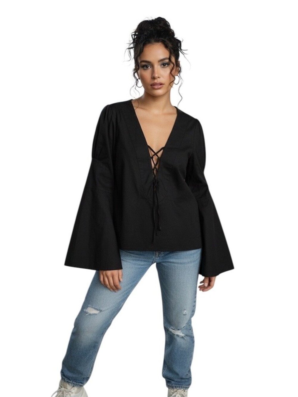 Tommy Hilfiger Lace Up Blouse Black Size L Y2K Witchy Whimsigoth Boho Festival